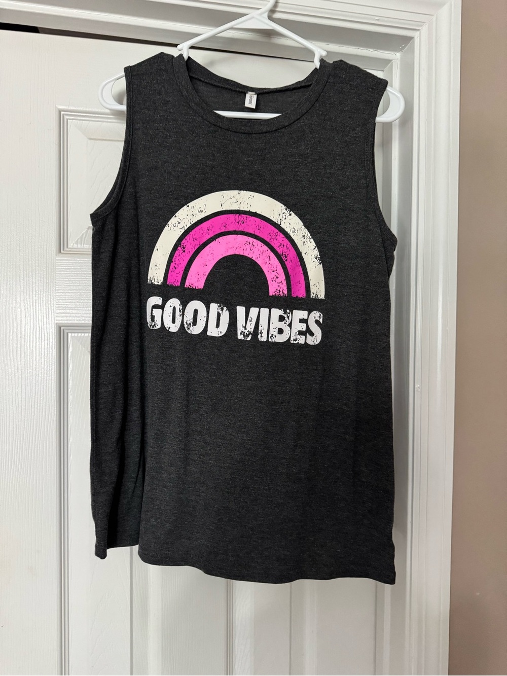 Good Vibes Sleeveless Graphic Tank - Dark Gray with Pink & White Rainbow
